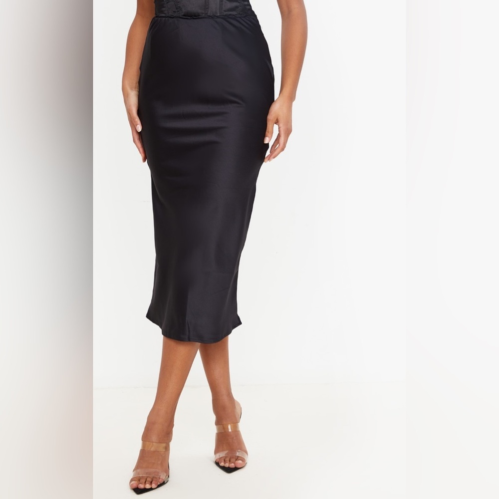 Prettylittlething Black Satin Midi Skirt